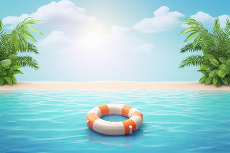 Realistic Summer Background Illustration - Vibrant Tropical Theme with Ocean View and Palm Trees, Created with Generative AIの素材