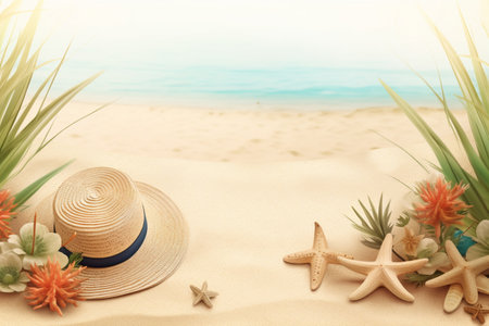 Realistic Summer Background Illustration - Vibrant Tropical Theme with Ocean View and Palm Trees, Created with Generative AIの素材