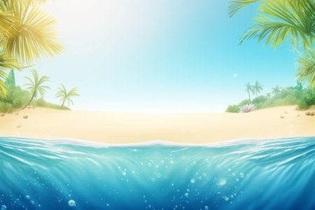 Realistic Summer Background Illustration - Vibrant Tropical Theme with Ocean View and Palm Trees, Created with Generative AIの素材