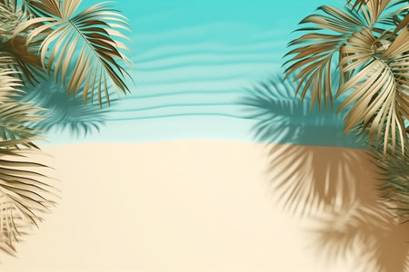Realistic Summer Background Illustration - Vibrant Tropical Theme with Ocean View and Palm Trees, Created with Generative AIの素材