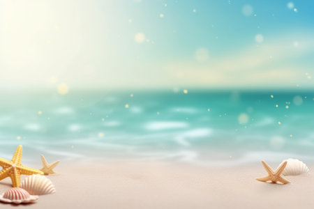 Realistic Summer Background Illustration - Vibrant Tropical Theme with Ocean View and Palm Trees, Created with Generative AIの素材