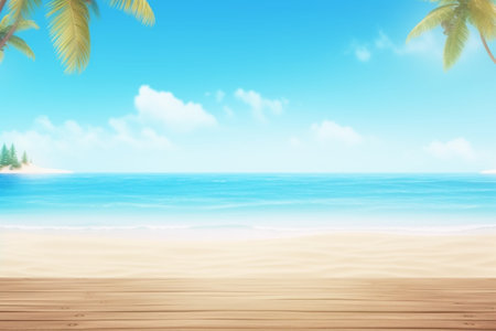 Realistic Summer Background Illustration - Vibrant Tropical Theme with Ocean View and Palm Trees, Created with Generative AIの素材