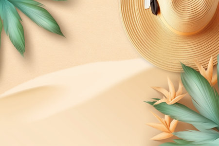 Realistic Summer Background Illustration - Vibrant Tropical Theme with Ocean View and Palm Trees, Created with Generative AIの素材