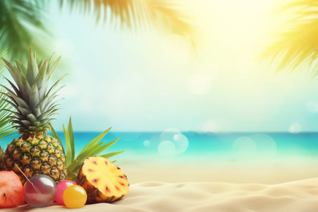 Realistic Summer Background Illustration - Vibrant Tropical Theme with Ocean View and Palm Trees, Created with Generative AIの素材