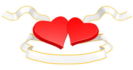 Two hearts with a gold ribbon on a white backgroundの写真素材