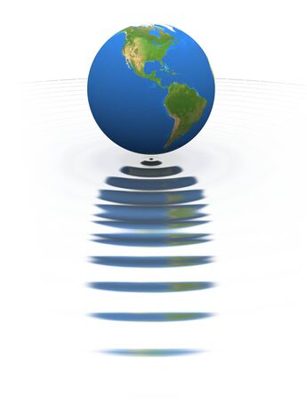 Globe on the water, reflected in waves. America. The conceptual 3d composition is isolated on the white.の写真素材