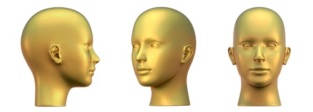 Gold head in three projections, isolated over white.の写真素材