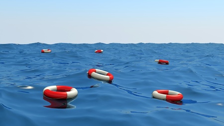 lifebuoys floating on waves, 3d illustration.の写真素材