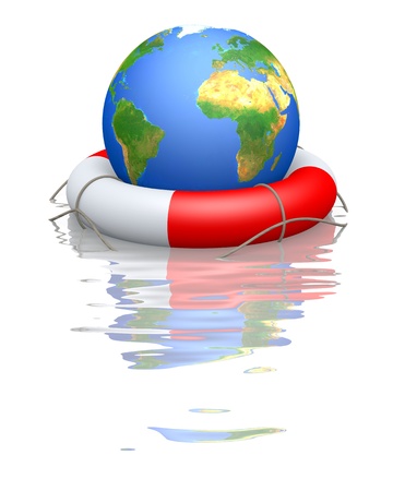 Globe and life buoy floating in waterの写真素材