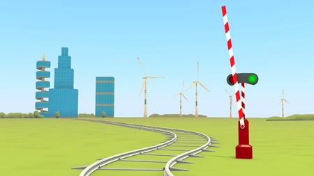 barrier opened the railway, buildings and wind-turbinesの写真素材