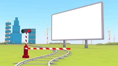 barrier closes the railway,blank billboardの写真素材