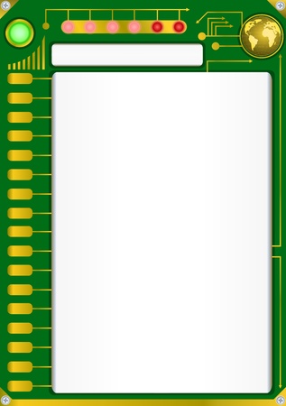 Abstract circuit board with blank display, green fire and globeのイラスト素材