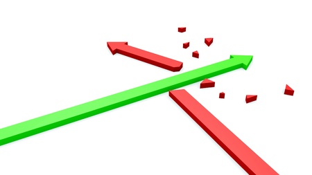 Arrow crashed arrow, over white backgroundの写真素材
