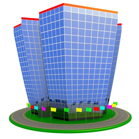 Building of hotel or business center, roundabout route and multi-colored flags  3d-illustration isolated on white background の写真素材