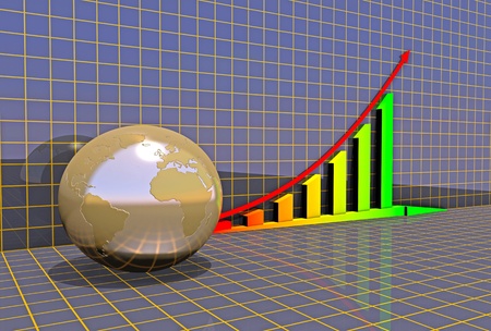 Arrowed business chart and globe over gridの写真素材