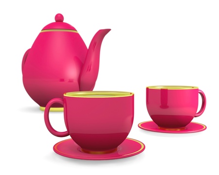 cups with teapot over white, 3d illustrationの写真素材