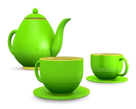 cups with teapot over white, 3d illustrationの写真素材