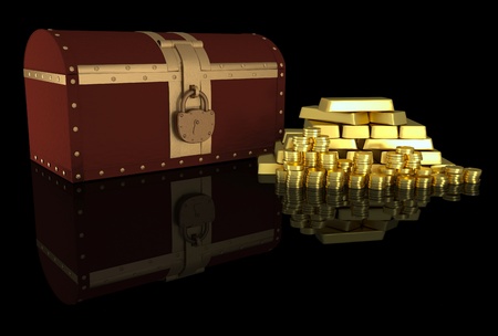 Closed treasure chest and gold ingot, abstract backgroundの写真素材