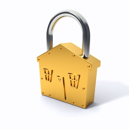 Bronze lock - house shape symbol over white backgroundの写真素材
