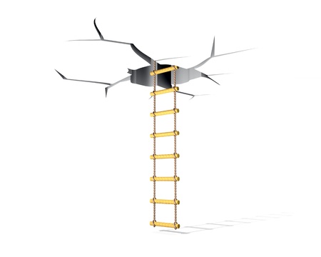 Lifting on a ladder in a crack in a ceilingの写真素材