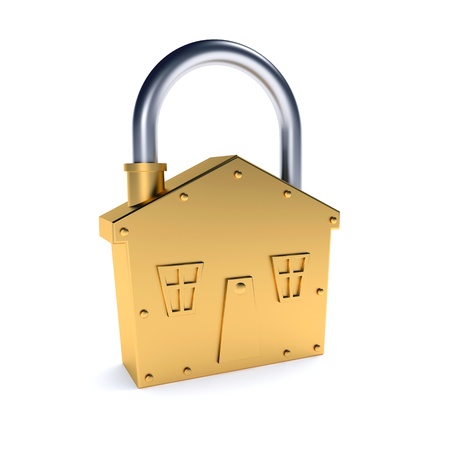 Bronze lock - house shape symbol over white backgroundの写真素材