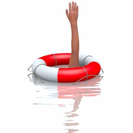 Rescue buoy and drowning hands, concept of helping