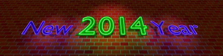 New Year 2014 - neon light on the brick wall の写真素材