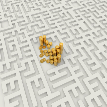 Gold Coins in the labyrinth, 3d illustrationの写真素材