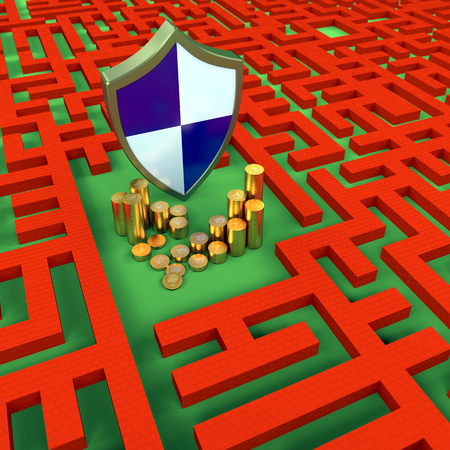 Gold Coins and Shield in the labyrinthの写真素材