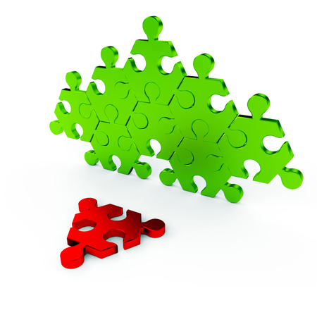 Green and red puzzle on a white backgroundの写真素材