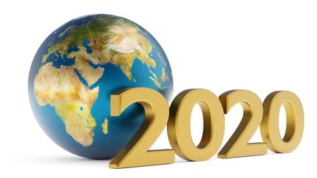 Yearr 2020 and globe africa, europe 3d illustration over whiteの写真素材