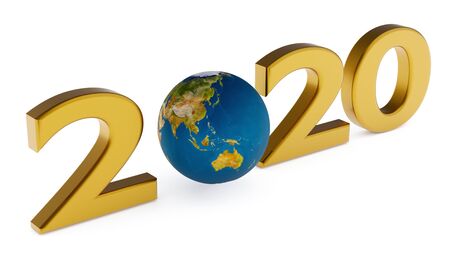 Yearr 2020 and globe australia, asia - new year concept 3d illustration over whiteの写真素材
