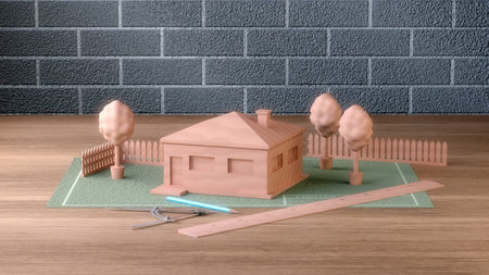Wooden house on the table, building concept backgroundの写真素材