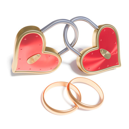 Lock as red heart and two wedding rings for Valentines Day isolatedの写真素材