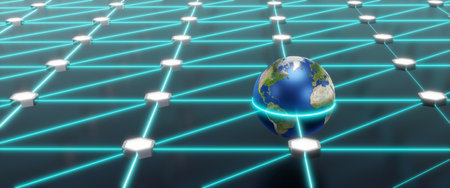 network route through Earth Globe, abstract banner of worldwide internet or energy web