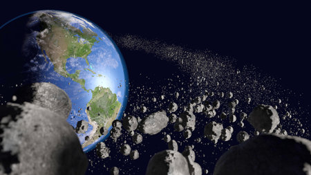 The Asteroid belt around the Earth threats to life on the planet. Astronomical conceptual background.の写真素材