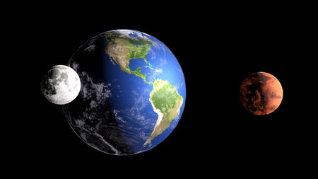 Earth; Mars and the Moon in the space background