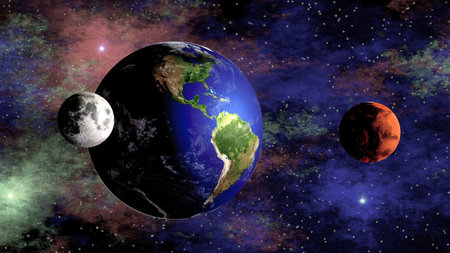 Earth; Mars, Moon in the space backgroundの写真素材