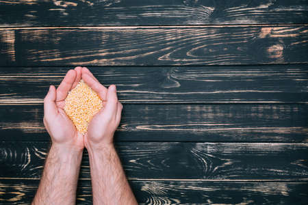In male hands wheat grain on black wooden background. Niceの写真素材