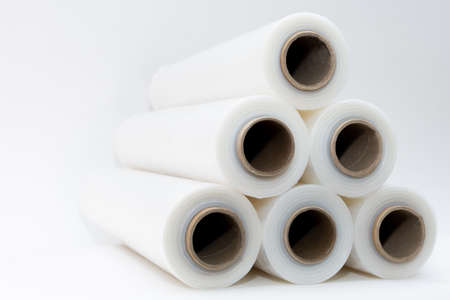 Transparent stretch film in rolls on a white backgroundの写真素材