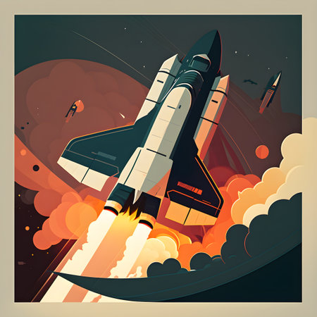 A space rocket flies in interplanetary space with flamesの素材