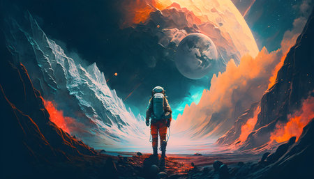 An astronaut travels through space in a new world, discovering new corners of galaxies. Image for Cosmonautics Day generative AIの素材