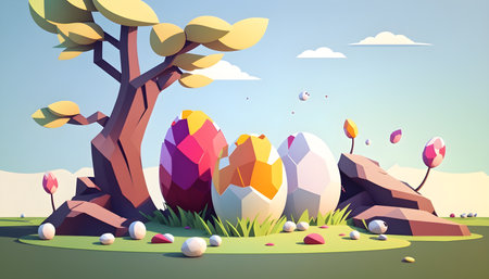 Fairy nests in the shape of eggs with birds for Easter. Creative images with painted eggs in a nest with flowers and birds. Greeting card with Happy Easterの素材