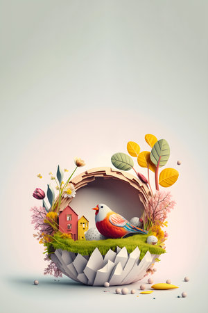 Fairy nests in the shape of eggs with birds for Easter. Creative images with painted eggs in a nest with flowers and birds. Greeting card with Happy Easterの素材
