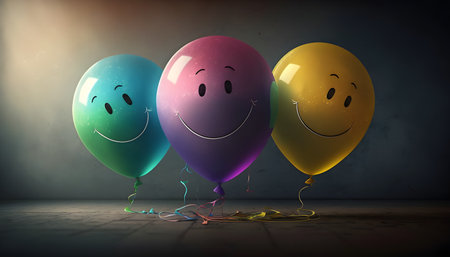Inflatable multi-colored balloons with painted smiles. Fool's Day April. High quality illustration. Generative AIの素材
