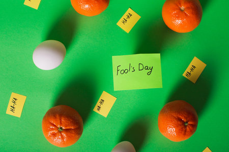 A creative picture of April Fools' Day jokes. Replacing food with similar items. Use of wooden forks and knives. Images of other objects are not what they really are.の写真素材