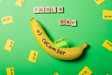 A creative picture of April Fools' Day jokes. Replacing food with similar items. Use of wooden forks...