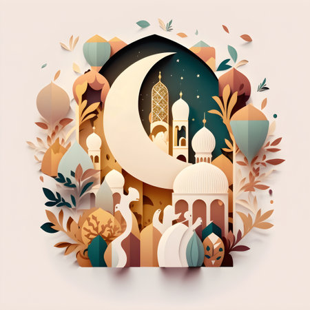 ramadan kareem greetings. Eid al-Fitr. Hari Raya card. Muslim holidays. End of fasting. Breaking of holy fast day. Arab night sky. Islamic city with mosque skyline, crescent moon and stars.の素材