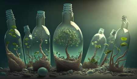 Ecology concept. Plant growing in a bottle. 3D renderingの素材