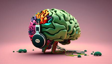 Concepts of music therapy and music healing. 3D brain in headphones. Psychological therapy thanks to sounds.の素材